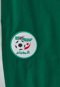 Groene stof met een ronde badge die een zwart-witte voetbal, een rode halve maan en ster, groene strepen en Arabische tekst laat zien.