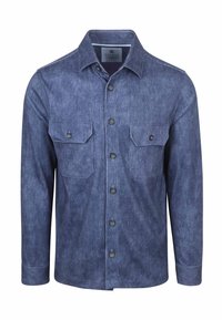 Marineblauwe corduroy blouse met lange mouwen, puntige kraag en twee borstzakken. Bevat verticale ribbels en een knoopsluiting aan de voorkant.