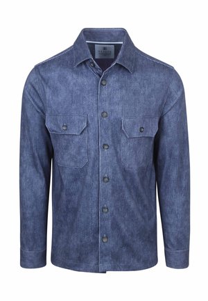 Marineblaue Cordhemd mit langen Ärmeln, spitzem Kragen und zwei Brusttaschen. Mit vertikalen Rippen und Knopfleiste.