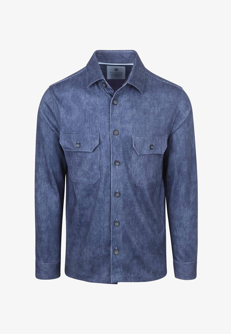 Marineblauwe corduroy blouse met lange mouwen, puntige kraag en twee borstzakken. Bevat verticale ribbels en een knoopsluiting aan de voorkant.