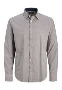 Knapp-up skjorta med ett litet rutmönster i marinblått och vitt, långa ärmar, spetsig krage och en böjd nederkant.