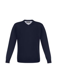 Granatowy sweter w serek wykonany z miękkiego, dzianinowego materiału, z długimi rękawami oraz ściągaczami na mankietach i dolnym końcu. Prosty design, bez wzorów czy akcentów.