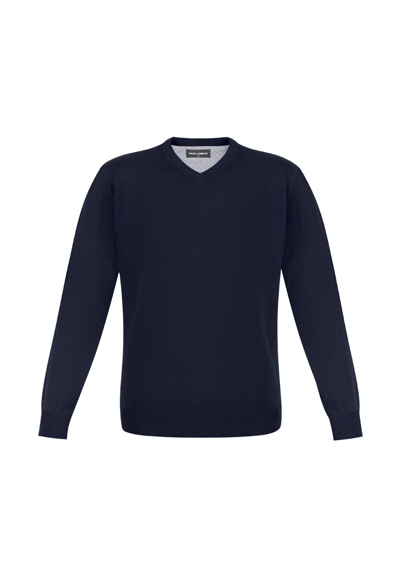 Granatowy sweter w serek wykonany z miękkiego, dzianinowego materiału, z długimi rękawami oraz ściągaczami na mankietach i dolnym końcu. Prosty design, bez wzorów czy akcentów.