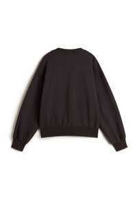 Black sweatshirt with a relaxed fit, ribbed cuffs and hem, and dropped shoulders. Smooth texture, simple design with no embellishments.