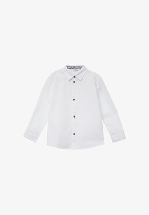 Weißes langärmeliges Hemd mit Kragen, vorne mit braunen Knöpfen und einem gemusterten Innenkragen. Strukturierter Baumwollstoff.