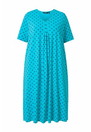 Blauwe jurk tot op de knie met korte mouwen, V-hals, plooi detail en overal kleine zwarte sterrenprint.