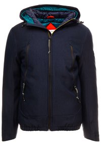 Giacca con cappuccio blu navy, foderata in teal trapuntato, con zip frontale, due tasche verticali con zip e orlo elastico su sfondo bianco.