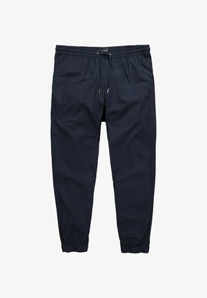 Tummansiniset collegehousut, joissa on joustava vyötärönauha, kiristysnauha, sivutaskut ja joustavat lahkeensuut.