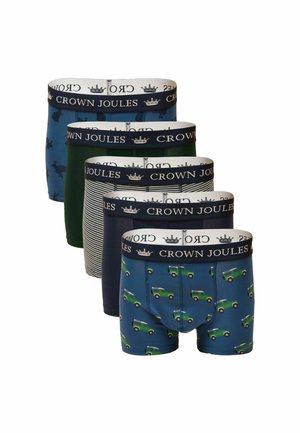 Men's cotton boxers with various patterns, including vehicles and stripes, featuring a logo band in navy and cream colors.