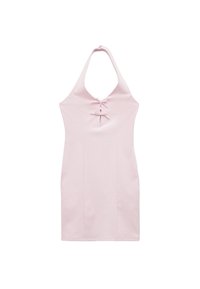 Rosa ärmelloses Kleid mit halterneck Design, das eine figurbetonte Silhouette, zwei vordere Schleifen und glattes, dehnbares Material aufweist.