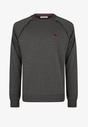 Szary dres wykonany z mieszanki bawełny, z ribirowanymi mankietami i dołem, okrągłym dekoltem, rękawami raglanowymi oraz małym logo na piersi.