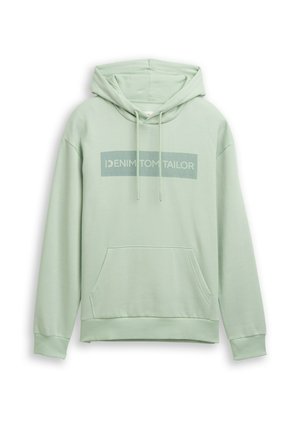 Sudadera verde claro con un bolsillo frontal, cordones ajustables y un logotipo impreso en un diseño rectangular en el pecho.