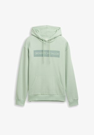 Haut à capuche vert clair avec une poche avant, des cordons de serrage ajustables et un logo imprimé dans un design rectangulaire sur la poitrine.