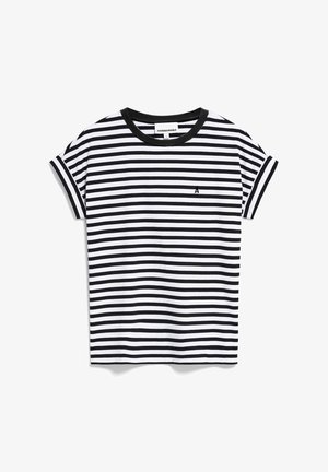 Zwart-wit gestreepte T-shirt met korte mouwen, een zwarte ribbelige ronde hals en een klein logo op de linkerborst.