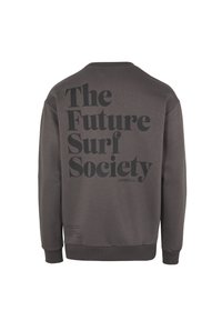 Sweat-shirt gris foncé à manches longues avec texte noir "The Future Surf Society" et petit logo O'Neill dans le dos.