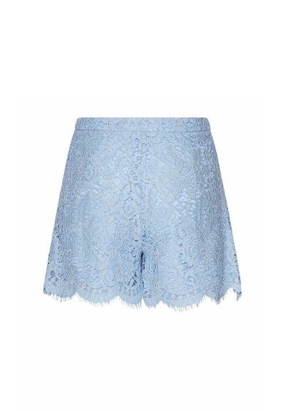 Lyseblå blonder shorts med blomsterprint og bølget kant, skræddersyet pasform med taljebånd.