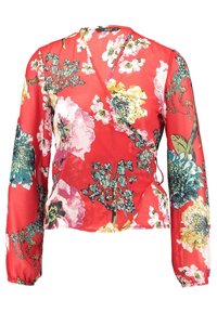 Blusa avvolgente floreale rossa con maniche lunghe. Presenta un mix di fiori grandi e piccoli in rosa, giallo e turchese su un tessuto trasparente.