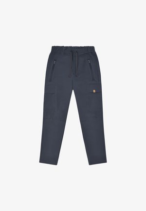 Mørkegrå cargobukser med elastisk taljebånd, snøre, lynlåslommer foran og klaplommer på siden på hvid baggrund.