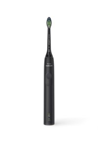 Spazzolino elettrico Philips Sonicare con manico nero elegante, testa dell'applicatore ovale, indicatore verde e blu sulla parte superiore e pulsante di controllo.