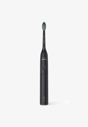 Spazzolino elettrico Philips Sonicare con manico nero elegante, testa dell'applicatore ovale, indicatore verde e blu sulla parte superiore e pulsante di controllo.