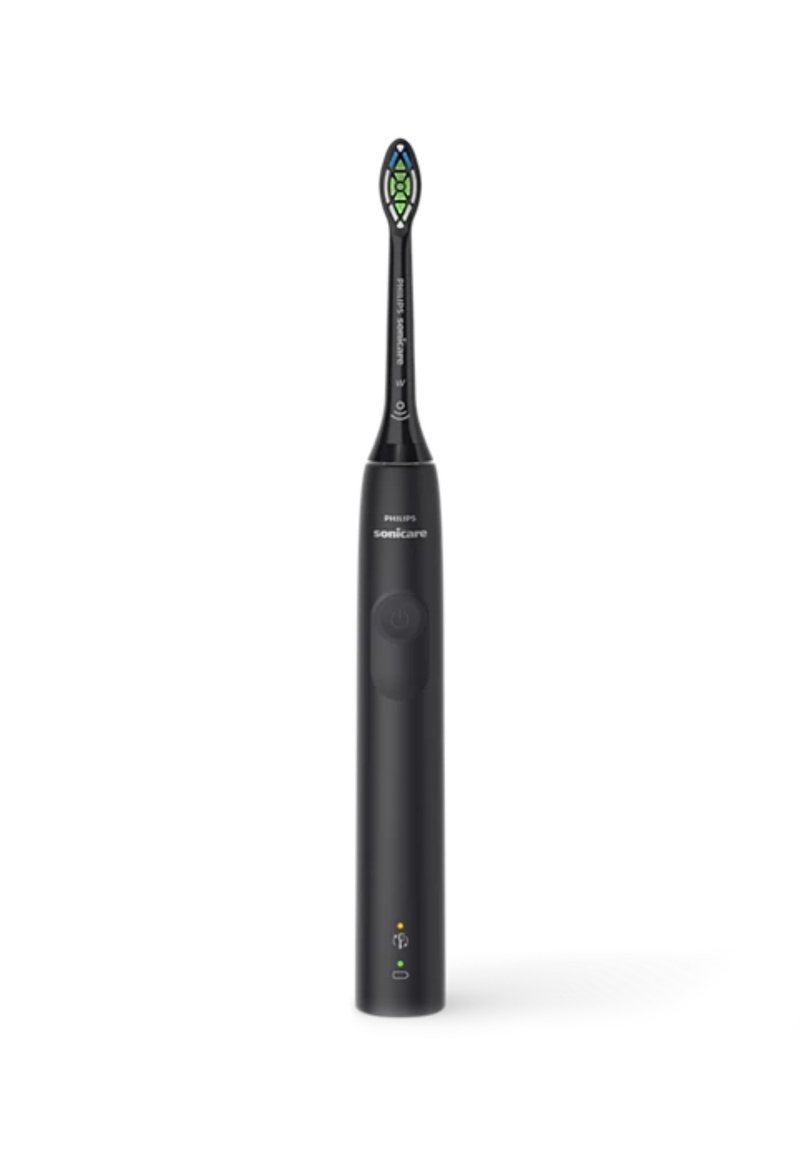 Spazzolino elettrico Philips Sonicare con manico nero elegante, testa dell'applicatore ovale, indicatore verde e blu sulla parte superiore e pulsante di controllo.