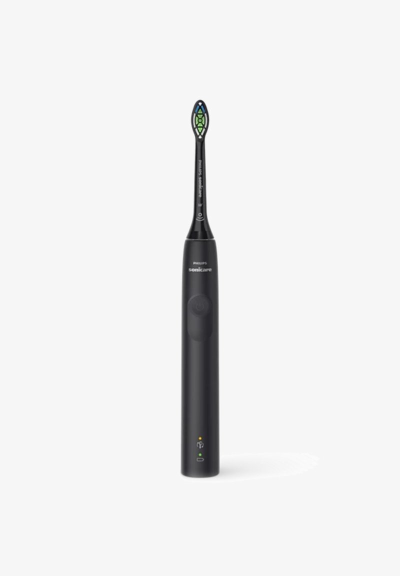 Spazzolino elettrico Philips Sonicare con manico nero elegante, testa dell'applicatore ovale, indicatore verde e blu sulla parte superiore e pulsante di controllo.