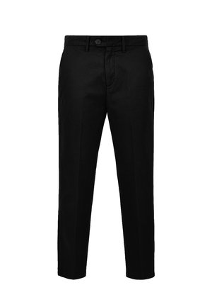 Pantaloni neri realizzati in tessuto morbido, con un design classico, forma a gamba dritta, tasche frontali e chiusura con un solo bottone.