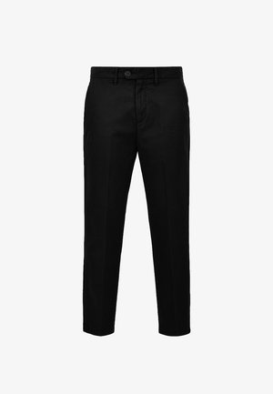 Pantaloni neri realizzati in tessuto morbido, con un design classico, forma a gamba dritta, tasche frontali e chiusura con un solo bottone.