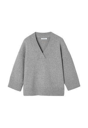 Grauer Strickpullover mit V-Ausschnitt, weiten Ärmeln und gerippten Bündchen und Saum. Weicher Stoff und lässiges Design, geeignet für verschiedene Anlässe.