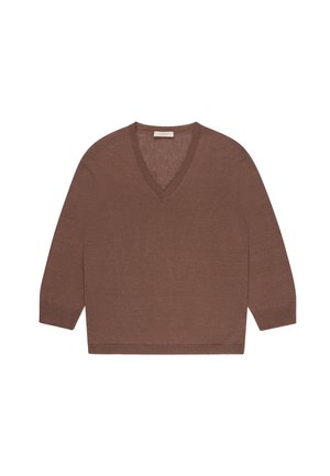 Brauner Pullover mit V-Ausschnitt und langen Ärmeln, gerippten Bündchen und Saum, gefertigt aus einem weichen Strickstoff.