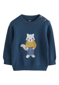 Jersey azul de punto con un diseño de mapache que lleva una camiseta de rayas amarillas y vaqueros. Cuello redondo y detalles de botones en el hombro.