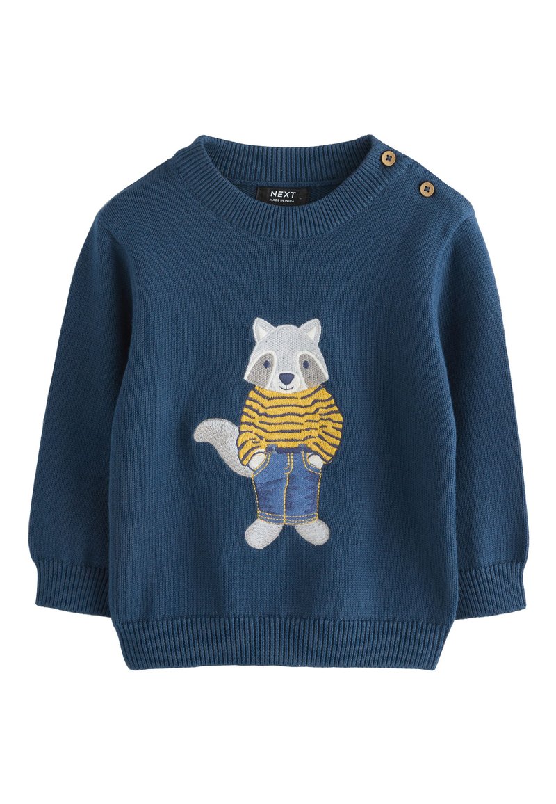 Jersey azul de punto con un diseño de mapache que lleva una camiseta de rayas amarillas y vaqueros. Cuello redondo y detalles de botones en el hombro.