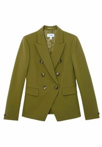 Olivengrøn dobbeltbrystet blazer med seks mørke knapper, hakkede reverser, klaplommer og lange ærmer på hvid baggrund.