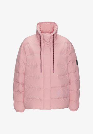 Light pink puffer jacket with a high collar, featuring a quilted design, drawstring hood, and black logo accent on the left arm.