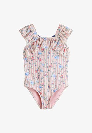 Gėlėtas vientisas maudymosi kostiumėlis su raukšlėtomis petnešėlėmis, pasižymintis rožinėmis dryžuotomis juostomis ir mėlynomis bei raudonomis gėlėmis ant minkštos medžiagos.