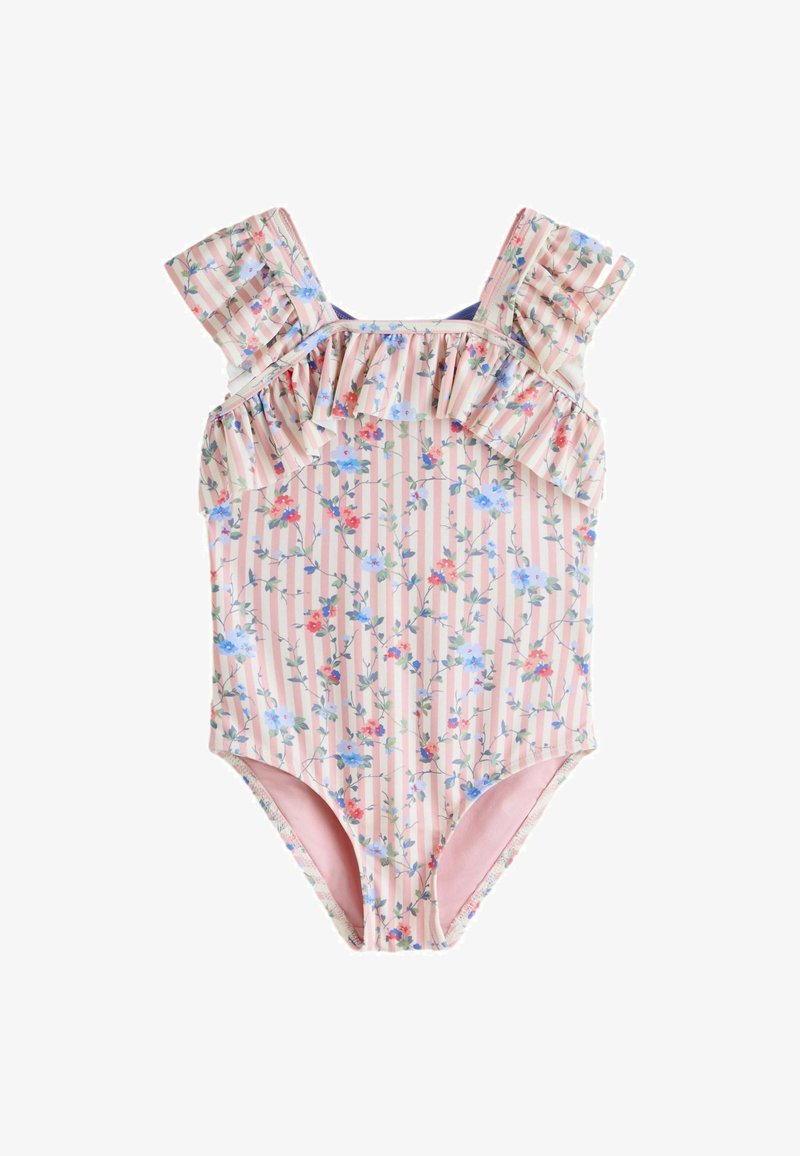 Lillatrükitusega üheosaline ujumistrikoo volangidega õlapaeltega, mis on roosade triipude ja siniste ning punaste lilledega pehmel kangal.