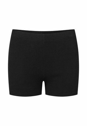 Black stretch shorts with a ribbed texture, featuring a seamless waistband and a snug fit, designed for comfort and flexibility.