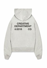Gray hooded sweatshirt with black printed text on the back: "CREATIVE DEPARTMENT 2018 CD." Features ribbed cuffs and hem. Soft texture.