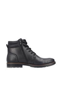 Botas tobilleras de cuero negro con cremallera lateral, cordones en la parte frontal, cuello texturizado y suela de goma con costuras de acento marrón.