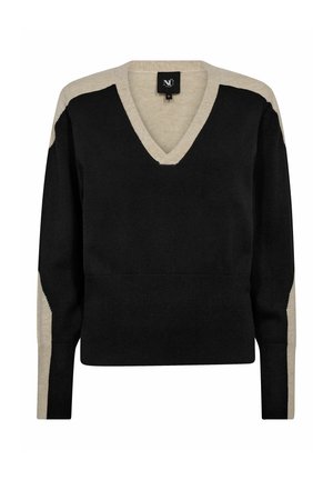 Sveter s výstrihom do V a dlhými rukávmi, vyrobený z čiernej a béžovej úpletovej látky. Na ramenách a rukávoch sú kontrastné farebné bloky.