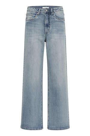 Lys blå vide jeans laget av denim, med standard knapp- og glidelåslukking, fem lommer og sydd detaljering på sømmene.