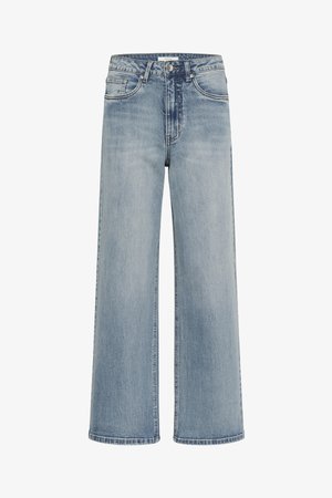 Svetlomodré rifle širokých nohavíc vyrobené z džínsoviny, s klasickým zapínaním na gombík a zips, piatimi vreckami a prešitými detailmi na švoch.