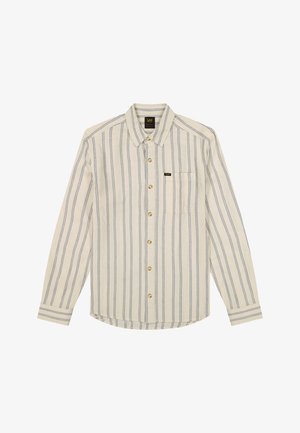 Chemise beige à manches longues avec motif rayé vertical bleu, poche poitrine et petite étiquette noire de la marque Lee.
