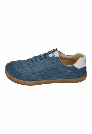 Blue suede casual sneaker with brown rubber sole, white heel patch, and blue laces, shown in side profile.