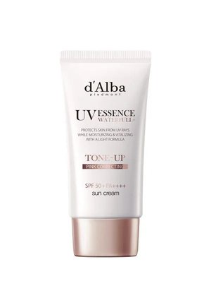 Crème solaire d'Alba UV Essence Waterfull SPF50+ PA++++ en tube blanc avec bouchon en or rose, correction ton sur ton rose, hydratante et protection UV.
