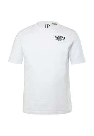 White cotton T-shirt with short sleeves. Features black text reading "BANDERA RODEO TEXAS EST. 1978" on the left chest area.