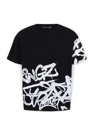 Czarny bawełniany t-shirt z białym tekstem w stylu graffiti oraz abstrakcyjnymi wzorami na przodzie i rękawach. Krótkie rękawy, klasyczny dekolt.