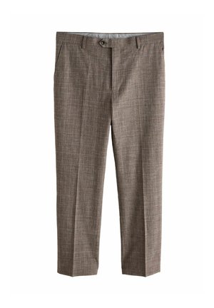 Brown plaid dress trousers with a flat front, two side pockets, and a button closure. Made of a textured, lightweight fabric.