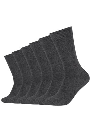 Sechs Paar dunkelgraue Baumwollsocken, knöchelhoch, mit einer gerippten Bündchen und glatter Textur. Einfaches Design ohne sichtbare Muster oder Akzente.