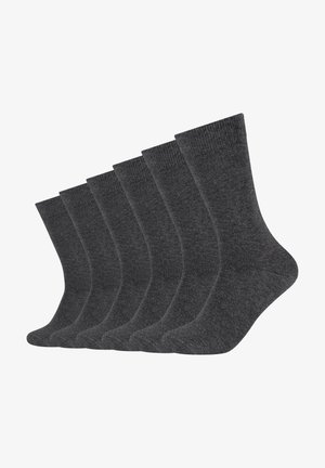 Six pairs of dark gray cotton socks, mid-calf length, with a ribbed cuff and smooth texture. Simple design with no visible patterns or accents.